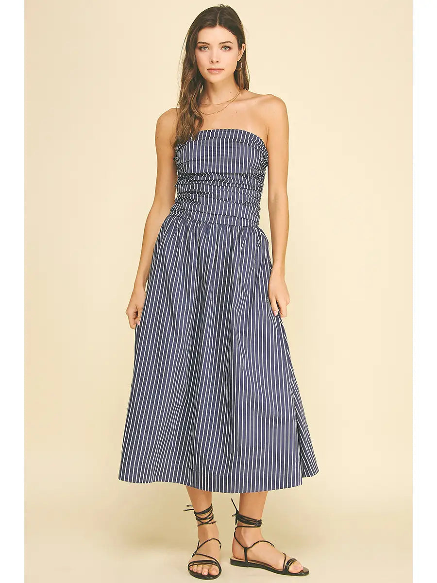 Pinch Striped Smocked Tube Midi Dress