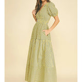 Pinch Striped Puffed Sleeve Tiered Maxi Dress