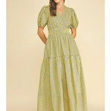 Pinch Striped Puffed Sleeve Tiered Maxi Dress