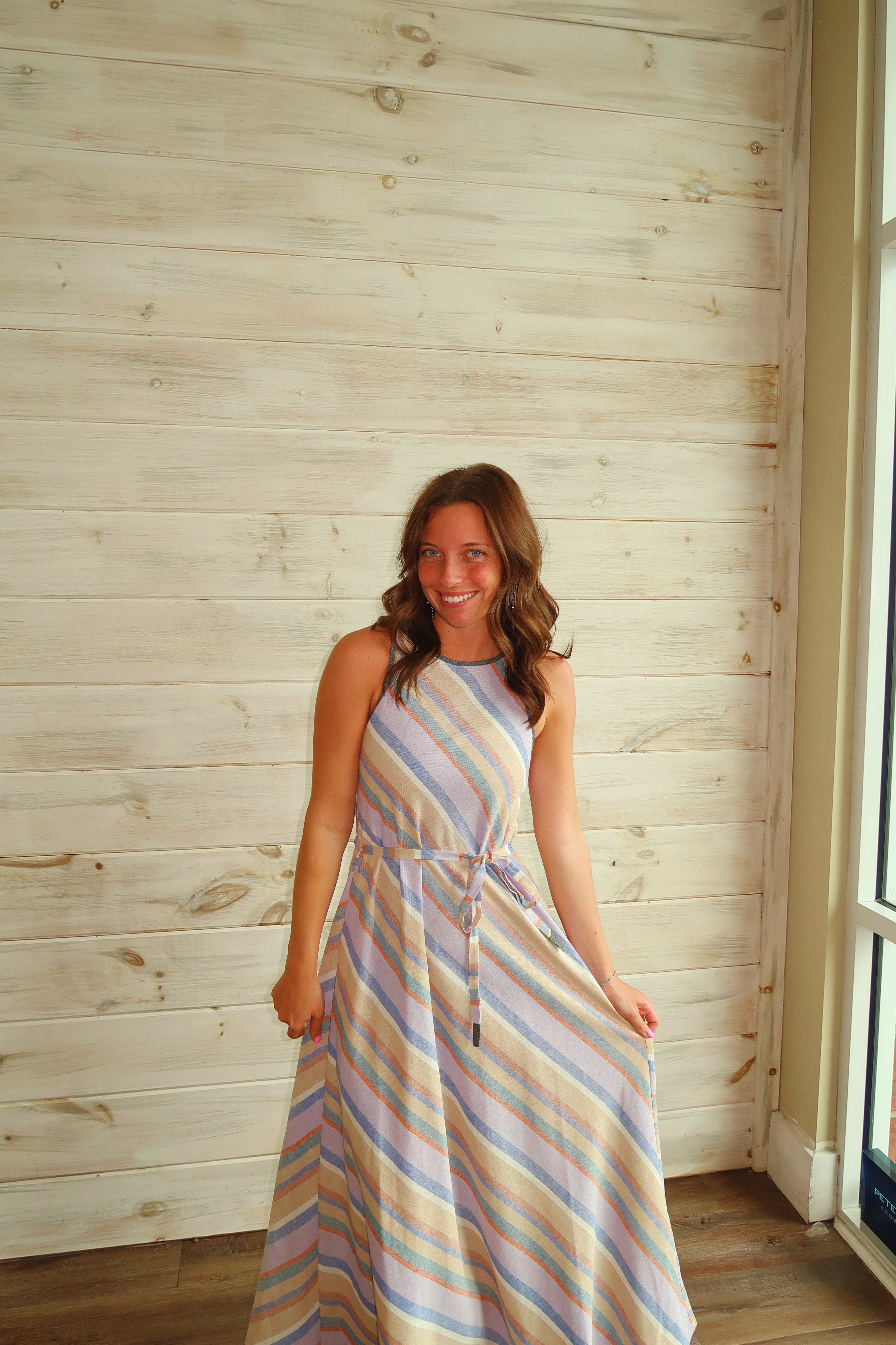 Maude Club Linen Bias Stripe Maxi Dress Maude Club Linen Bias Stripe Maxi Dress