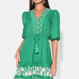 Adelyn Rae Taylor Embroidery Ruffle Hem Mini Dress