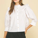 Pinch Ruffle Mock Neck Button Down Blouse