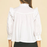 Pinch Ruffle Mock Neck Button Down Blouse