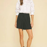 Pinch Ruffle Mock Neck Button Down Blouse