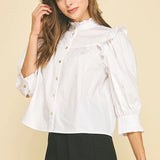 Pinch Ruffle Mock Neck Button Down Blouse