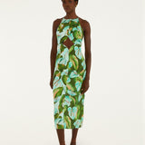 Farm Rio Green Anthurium Leaves Cut-Out Linen Midi Dress