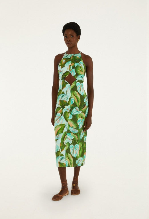 Farm Rio Green Anthurium Leaves Cut-Out Linen Midi Dress RJ Pope Farm Rio Green Anthurium Leaves Cut-Out Linen Midi Dress RJ Pope