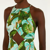 Farm Rio Green Anthurium Leaves Cut-Out Linen Midi Dress