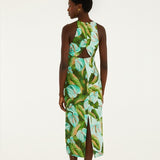 Farm Rio Green Anthurium Leaves Cut-Out Linen Midi Dress