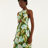 Farm Rio Green Anthurium Leaves Cut-Out Linen Midi Dress
