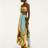 Farm Rio Multicolor Tropical Painting Cut-Out Buckles Maxi Dress