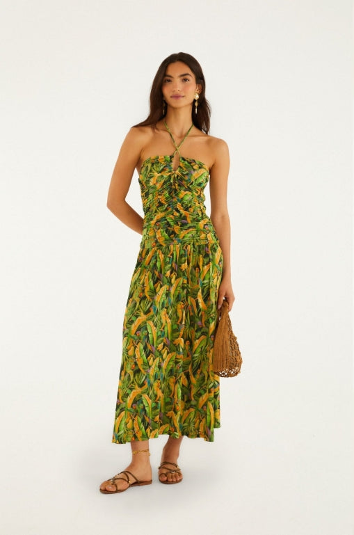 farm rio green dress Farm Rio Green Forest Parrots Ruched Bodice Maxi Dress – RJ Pope