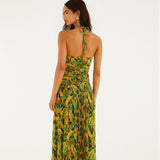 Farm Rio Green Forest Parrots Ruched Bodice Maxi Dress