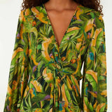 Farm Rio Green Forest Parrots Long Sleeve Midi Dress