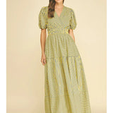 Pinch Striped Puffed Sleeve Tiered Maxi Dress