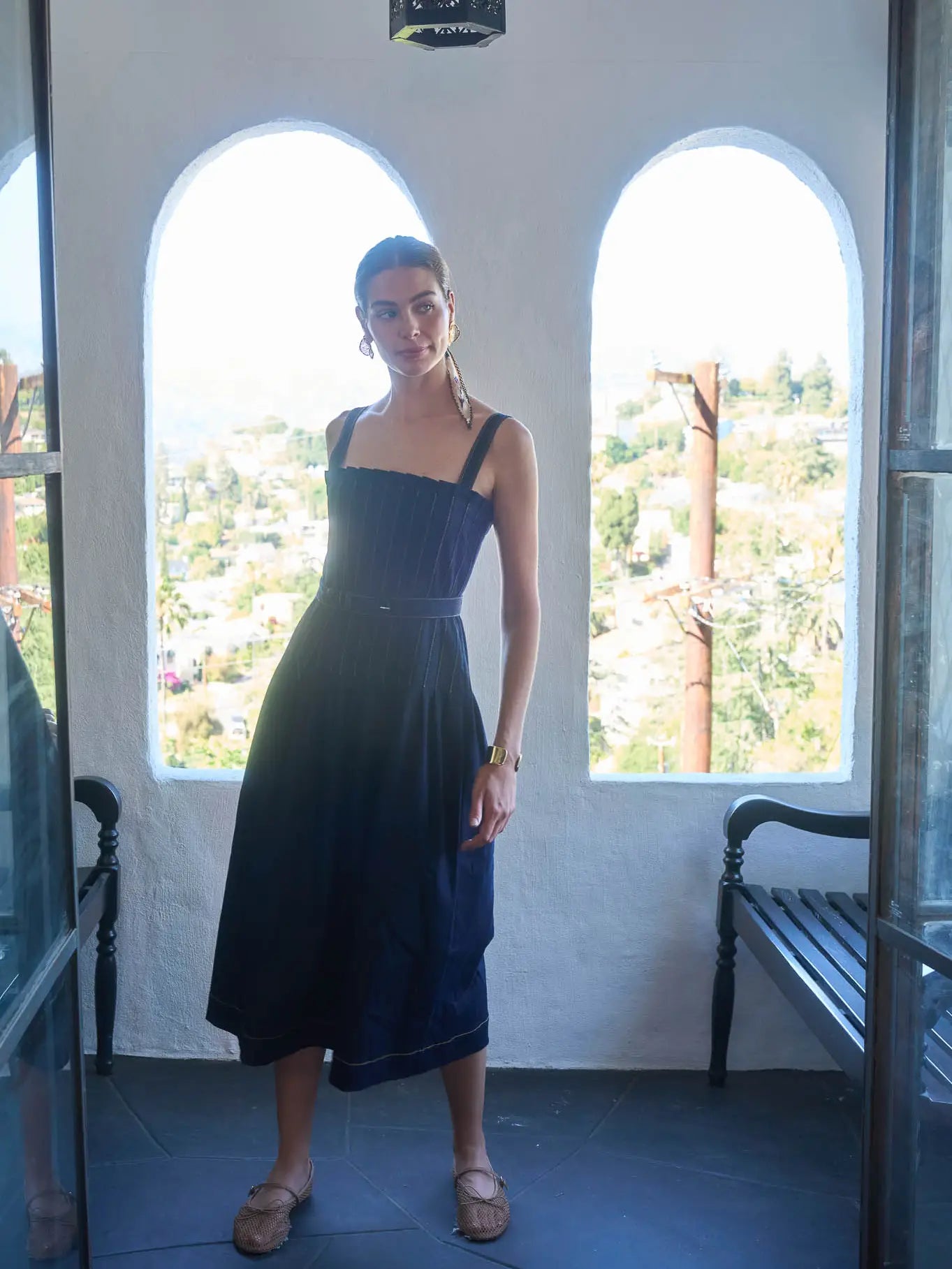 Moon River Spaghetti Strap Belted Denim Midi Dress