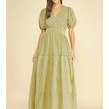Pinch Striped Puffed Sleeve Tiered Maxi Dress